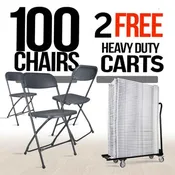 100 Dark Gray Plastic Folding Chair Bundle with 2 Heavy Duty Carts and Safety Straps
