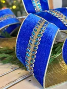 4” Velvet Ribbon - Jewel Aurora Borealis Honey Locust Leaves, Royal Blue