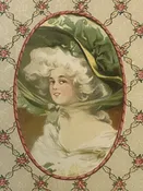 Antique 1800s Victorian Candy Box Insert Green Silk Hat Powdered Wig Lady Chromolithograph NOS Gainsborough Portrait Ephemera 🥫