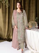 Blush Pink Chiffon Floral Embroidered Straight Cut Elegant Party Wear