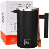 Double Wall Stainless Steel French Press Coffee Maker With Built In Thermometer And Fine Mesh Dual Filters For A Solid Morning Kick And Rich Flavor Every Time Includes Wooden Spoon For Zero Fuss Brewing In Sleek Black