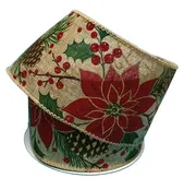 2.5" x 10yd - Wired, Burlap, Glittered w/ Poinsettia / Pine Cones/Holly/Berries - rd/grn