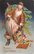 “Merry Christmas”, Brown Robed Santa With Toys &amp; Christmas Tree, PC U22087
