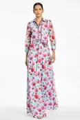 ADDISON BLUE RED FLORAL ORGANZA SHIRT DRESS GOWN