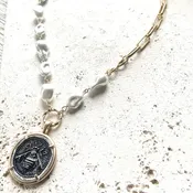 Bee Coin Necklace Vintage Glass Pearl Matte Gold Jewelry