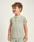Boys Striped Linen-Blend Henley Top - Linen Edit - Green