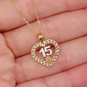 14K Tri-Color Gold CZ Quinceañera 15 Years Heart Pendant