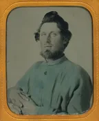 Handsome Young Man Wearing Blue Work Shirt, Hand Tinted Sixth Plate Ambrotype