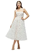 3D Floral Embroidered Little White Midi Dress with Nude Corset Underlay
