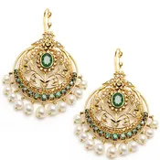 14k Gold Uncut Diamond Emerald and Freshwater Pearl Saara Earrings