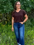 Elowen Chocolate V-Neck Top with Studded Shoulder Detail