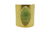 Vintage Hammered Brass Striped Agate Marquise Cuff Bracelet Bangle