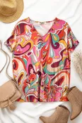 Abstract Swirl Print V Neck Short Sleeve Top (All Small)
