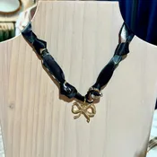 Black Knotted Scarf Necklace with Rhinestone Open Bow 1.5" Charm