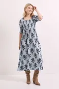 Blue Floral Shirred Bodice Puff Sleeve Square Neck Midi Dress