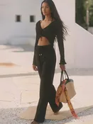 Beaded Tie Waist Linen Flowy Pants