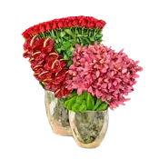 AF 1750-1 Red Roses & Pink Cymbidium Orchids in Gold Vase – Delivery Miami Same Day