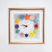 10x10 Clock with an Orange Teapot and Navy Sugar Jar in a Bronze Frame