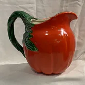 Ceramic Tomato Pitcher Orange Green Handle Glossy Finish Decorative Vintage