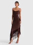 Alice + Olivia - Harmony Asymmetric Midi Dress With Fringe - Dark Chocolate