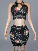 2 Piece Skirt Set - Floral Mini Skirt Set with Lace Detail & Halter Top Outfit