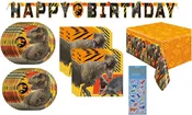 Jurassic World Fallen Kingdom Dinosaur Birthday Party Supplies Decoration Bundle Pack Includes Dessert Cake Paper Plates, Napkins, Table Cover, Happy Birthday Banner - Serves 16