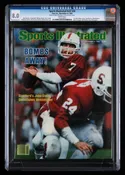 First John Elway Cover White Pages Brilliant gridiron “Field General” John Elway goes “Bombs Away!” as noted on the front cover of Sports Illustrated magazine Vol 57, #20. Dated 11/8/82, this somewhat scarce issue is reported as the 70th hardest to locate of SI’s considerable publication run. Pictured as a Stanford senior, Elway made his first SI cover appearance with this captivating action shot. CGC has rated this copy (8.0), good for a Census ranking of “1/1” at this level, with only one higher. The grading label includes the notations “v57, #20; White Pages; 1s Elway cover, Stanford vs. Washington”.