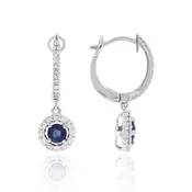 14K Blue Sapphire and Diamond Halo Dangle Earrings