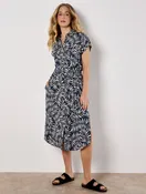 Apricot Belted Leaf Print Midi Shirt Dress - Navy