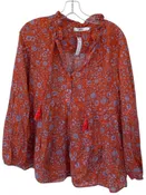 0039 Italy Size S Orange & Purple Cotton Long Balloon Sleeve Flowers Tassels Top