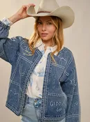 23883J Western Embroidery Puff Sleeve Denim Jacket