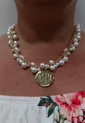 Gold Chunky Pearl Necklace with Engraved Monogram Charm
