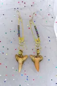 14 kt Gold and Brass Handmade Steampunk  Shark Tooth Hematite Earring Set 2