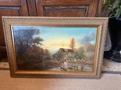 1916 George Harris British Stone Cottage by Brook with Children Fishing