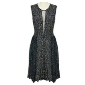 Adam Lippes Black / White / Blue / Navy Multi Pleated Silk Chiffon and Wool Tweed Dress