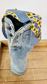 blue wash denim + blue yellow diamond tie wine sleeve