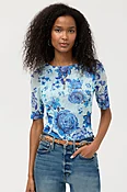ELBOW SLEEVE BOAT NECK MESH TOP