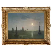 "A Nocturnal View of Saddle Rock Lighthouse, Maine" by Hermann Herzog — Bradbury Art & Antiques