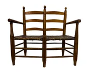 Antique 19th Century Double Seat Ladder Back Wagon Bench with Original Split Wood Woven Seat and Homespun Wool Coverlet — White Barn Antiques