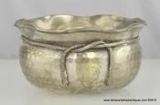 Antique Silver Washed Brass Peen Bowl Cinch Coin Purse Rope Design Money Sack