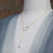 Pearl Pendant & Hoop Lariat Necklace | AAA 7.5x9mm Natural White Teardrop Freshwater Cultured