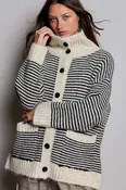 Striped Fold Over Collar Button Front Knit