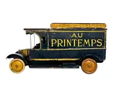 Antique Circa Late 19th, Early 20th Century Toy Truck Advertisement for Pairs Department Store "Au Printemps" with Hinged Lid Above Box Truck — White Barn Antiques