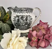 Antique, English, Black Transfer, Odd Fellows, Milk Pitcher — Sir Richards Antiques & Fine Art Center ~ Est. 1971