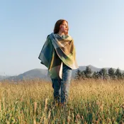 100% Lambswool Sue Cape - Cream, Baby Blue & Green Block Check