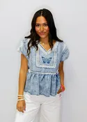Denim Blue Butterfly Embroidery Top