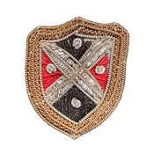 Shield Crest Patch – Gold Bullion Border - Silver Bugle Beads - Red & Black Embroidery 1.5" x 1.25"