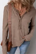 Acid Wash Waffle Knit Buttoned Neckline Long Sleeve Top