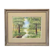 Summer Stream Landscape Watercolor on Paper by Joseph Baris, ca. 1970