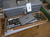 Lot 016 - Wooden Tray Workshop Boxlot Grouping with Sockets, Socket Wrenches, Hammer, and More